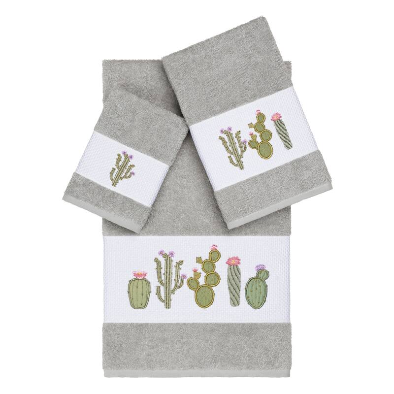 Authentic Hotel and Spa Turkish Cotton Cactus Embroidered Light Grey 3-piece Towel Set