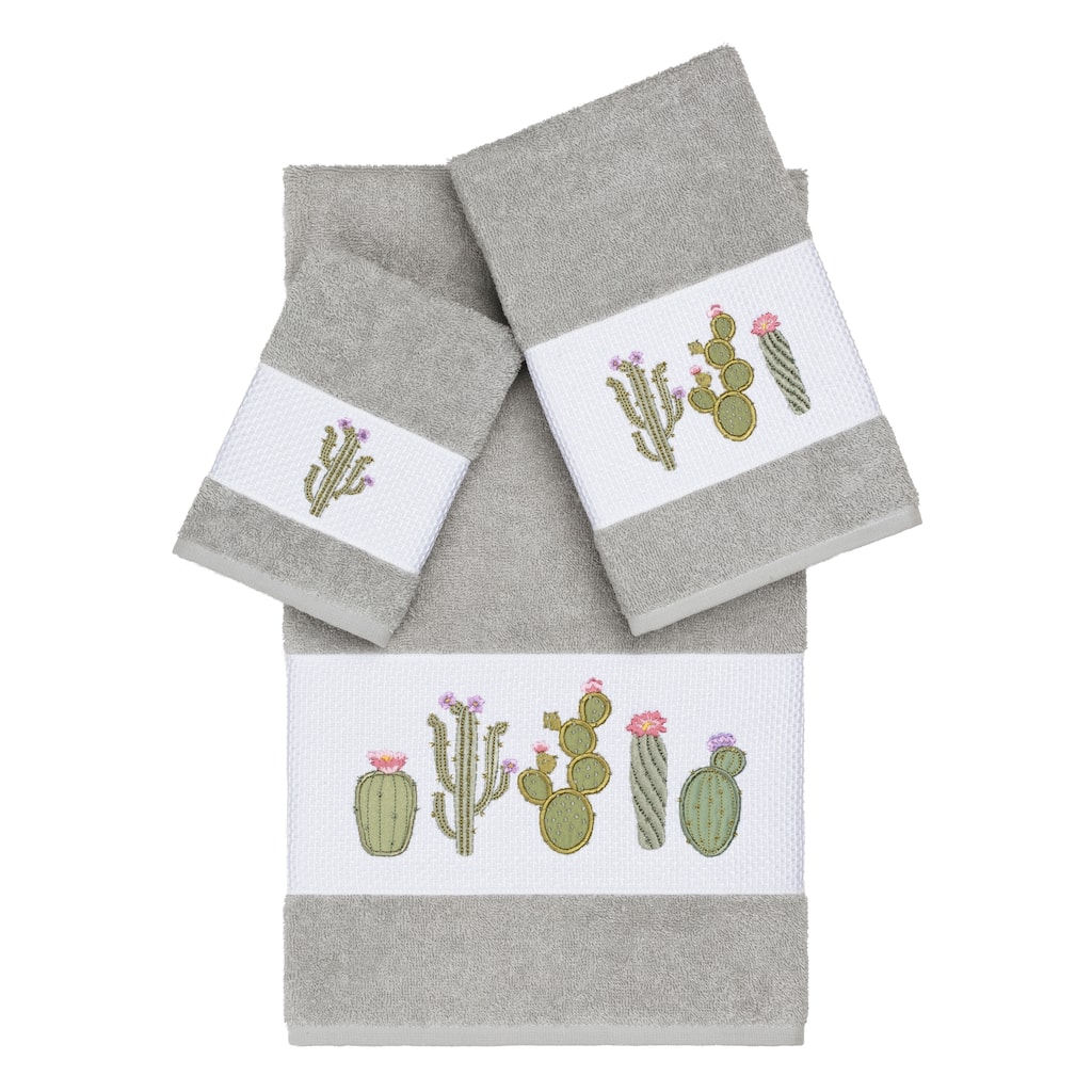 Authentic Hotel and Spa Turkish Cotton Cactus Embroidered Light Grey 3-piece Towel Set