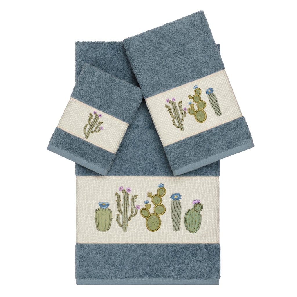Authentic Hotel and Spa Turkish Cotton Cactus Embroidered Teal Blue 3-piece Towel Set