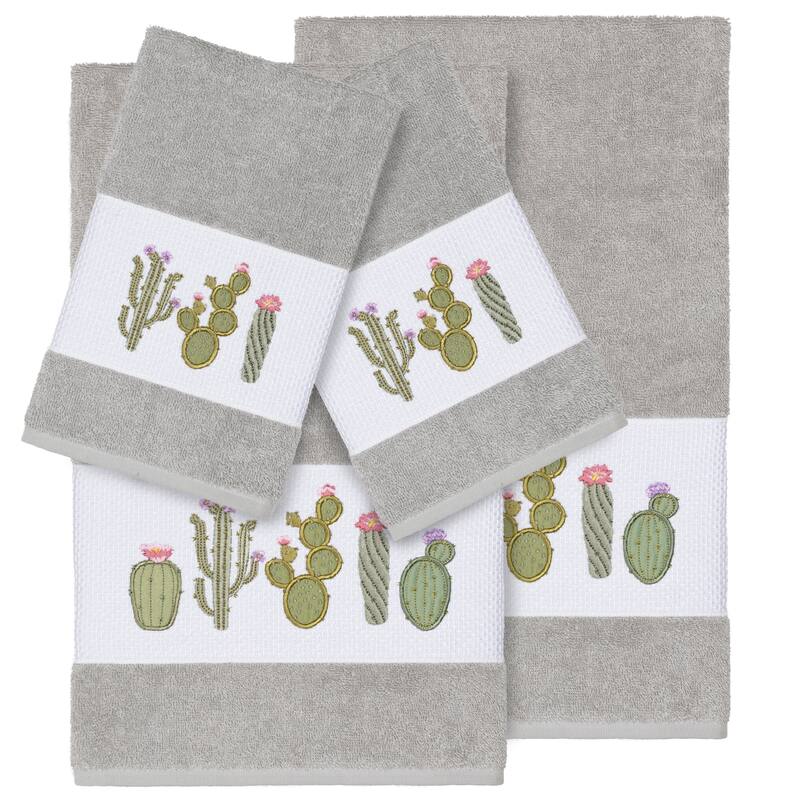 Authentic Hotel and Spa Turkish Cotton Cactus Embroidered Light Grey 4-piece Towel Set