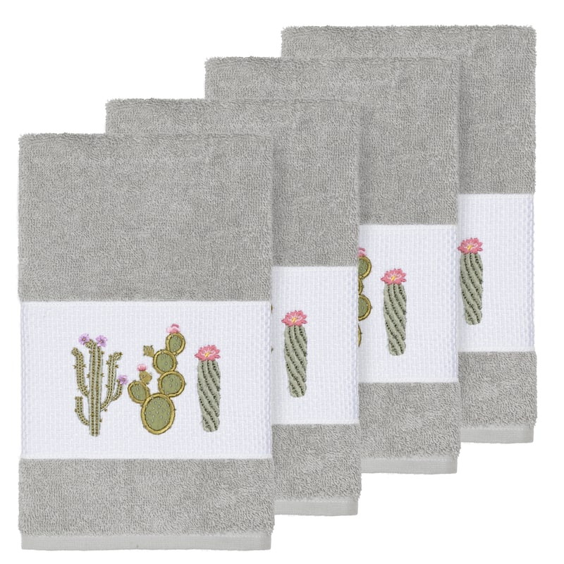 Authentic Hotel and Spa Turkish Cotton Cactus Embroidered Light Grey 4-piece Hand Towel Set