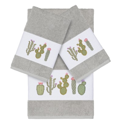 Authentic Hotel and Spa Turkish Cotton Cactus Embroidered Light Grey 3-piece Towel Set