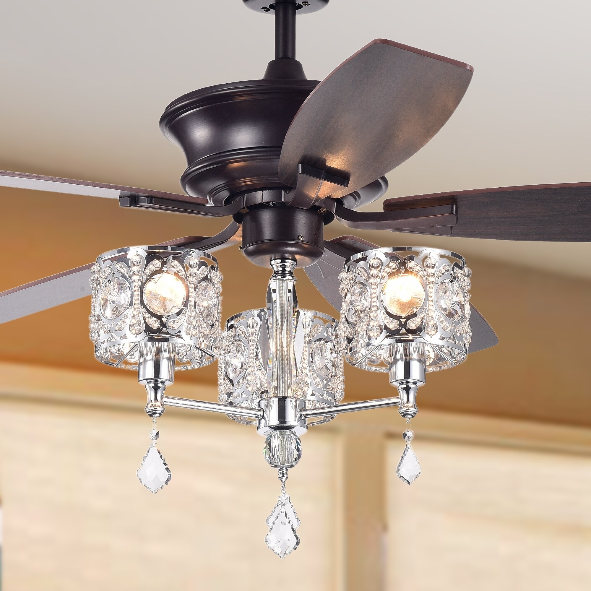 Tibedo 5 Blade 52 Inch Dark Brown Ceiling Fan With 3 Light Crystal And Chrome Chalice Chandelier Remote Controlled