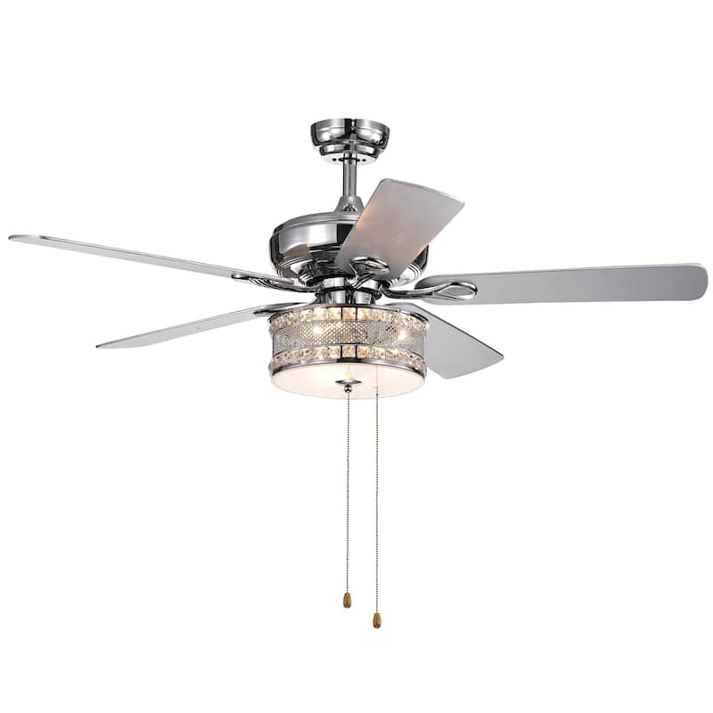 Davrin 5-Blade 52-Inch Chrome Lighted Ceiling Fans with 3-Light Crystal Drum Lamp (Optional Remote) - Pull Chain