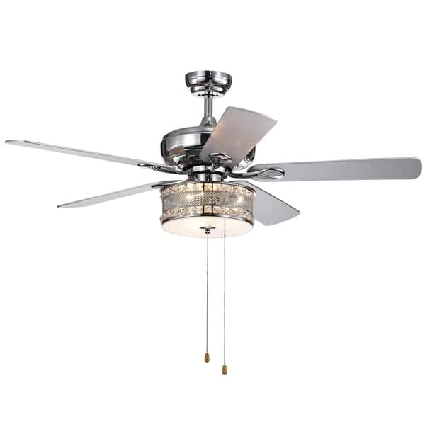 Davrin 5 Blade 52 Inch Chrome Lighted Ceiling Fans With 3 Light Crystal Drum Lamp Optional Remote Overstock 22108344 Pull Chain