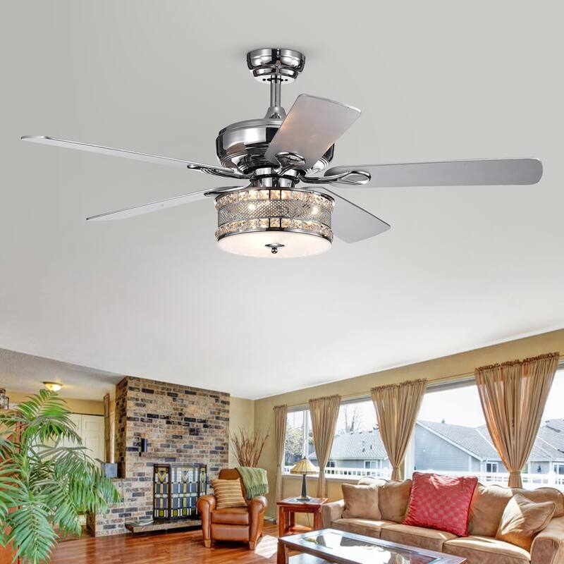 Davrin 5-Blade 52-Inch Chrome Lighted Ceiling Fans with 3-Light Crystal Drum Lamp (Optional Remote)