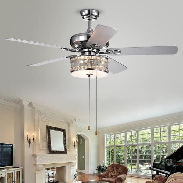 Davrin 5 Blade 52 Inch Chrome Lighted Ceiling Fans With 3 Light Crystal Drum Lamp Optional Remote Overstock 22108344 Pull Chain