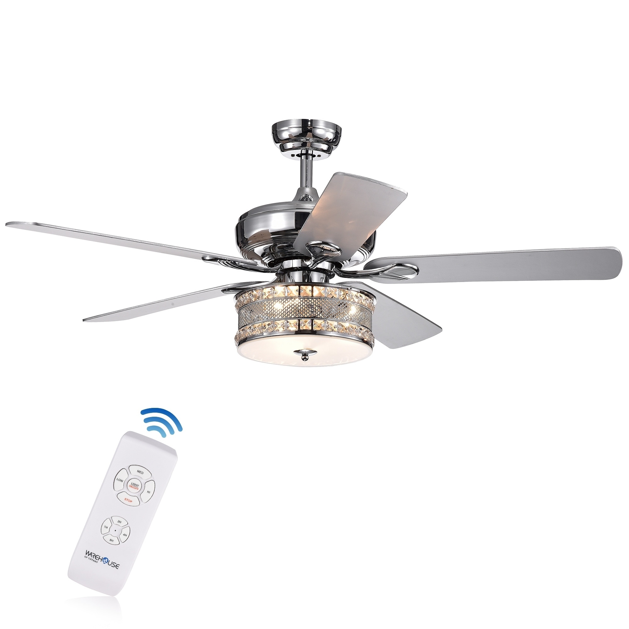 Davrin 5 Blade 52 Inch Chrome Lighted Ceiling Fans With 3 Light Crystal Drum Lamp Optional Remote