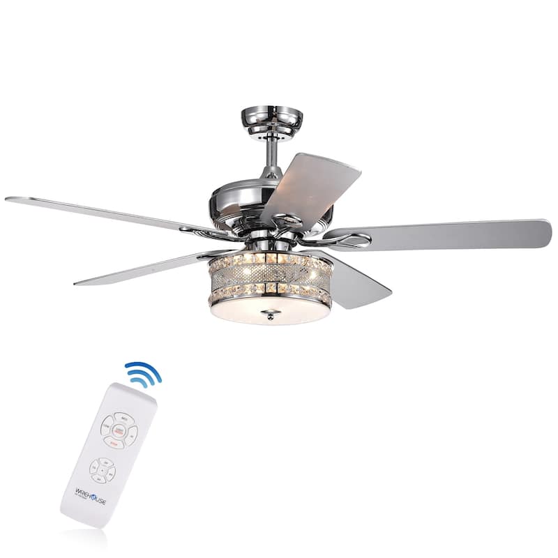 Davrin 5-Blade 52-Inch Chrome Lighted Ceiling Fans with 3-Light Crystal Drum Lamp (Optional Remote) - Remote
