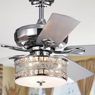Davrin 5-Blade 52-Inch Chrome Lighted Ceiling Fans with 3-Light Crystal Drum Lamp (Optional Remote)