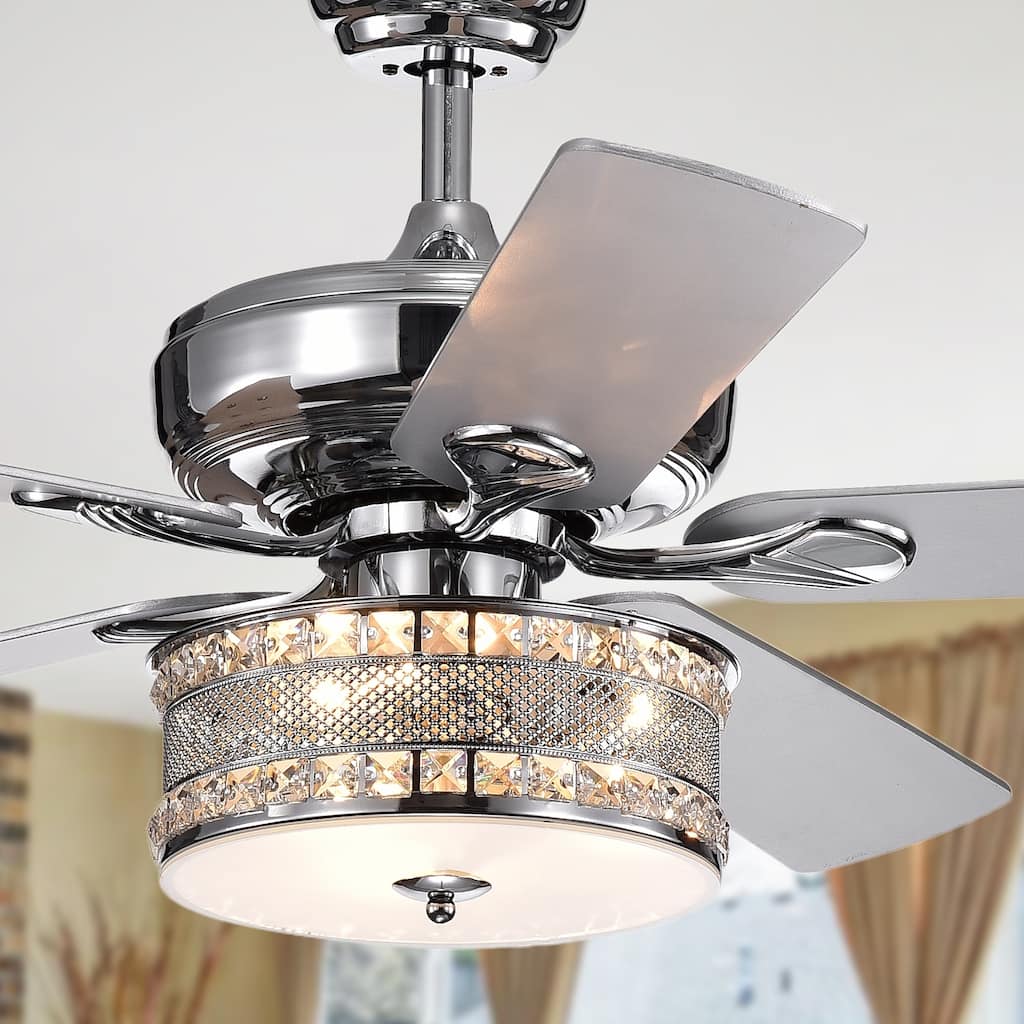 Davrin 5-Blade 52-Inch Chrome Lighted Ceiling Fans with 3-Light Crystal Drum Lamp (Optional Remote)