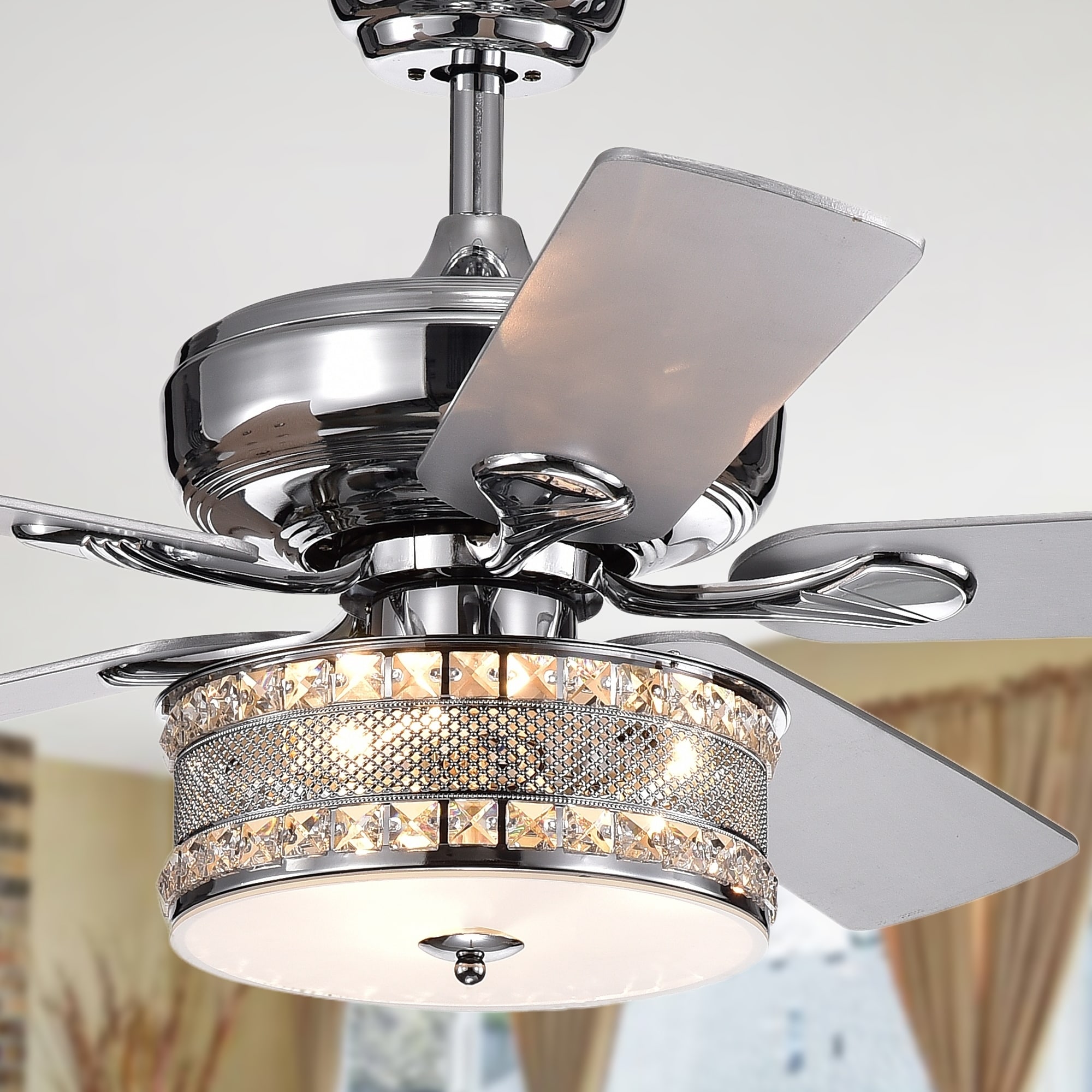 Warehouse of Tiffany Davrin 5-Blade 52-Inch Chrome Lighted Ceiling Fans with 3-Light Crystal Drum Lamp (Optional Remote)