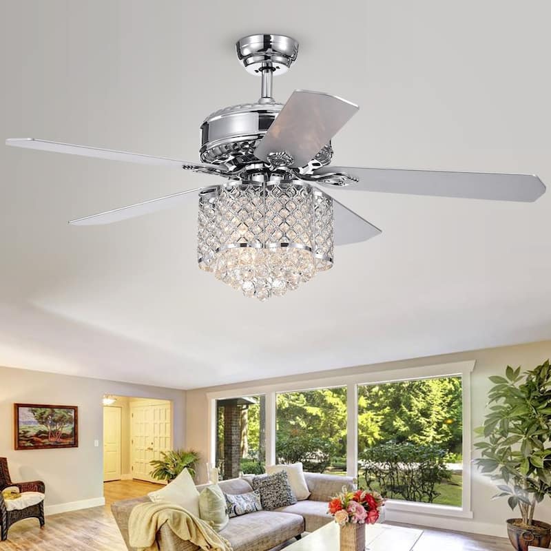Deidor 52-inch Chrome Ceiling Fan with Crystal Chandelier - Pull Chain
