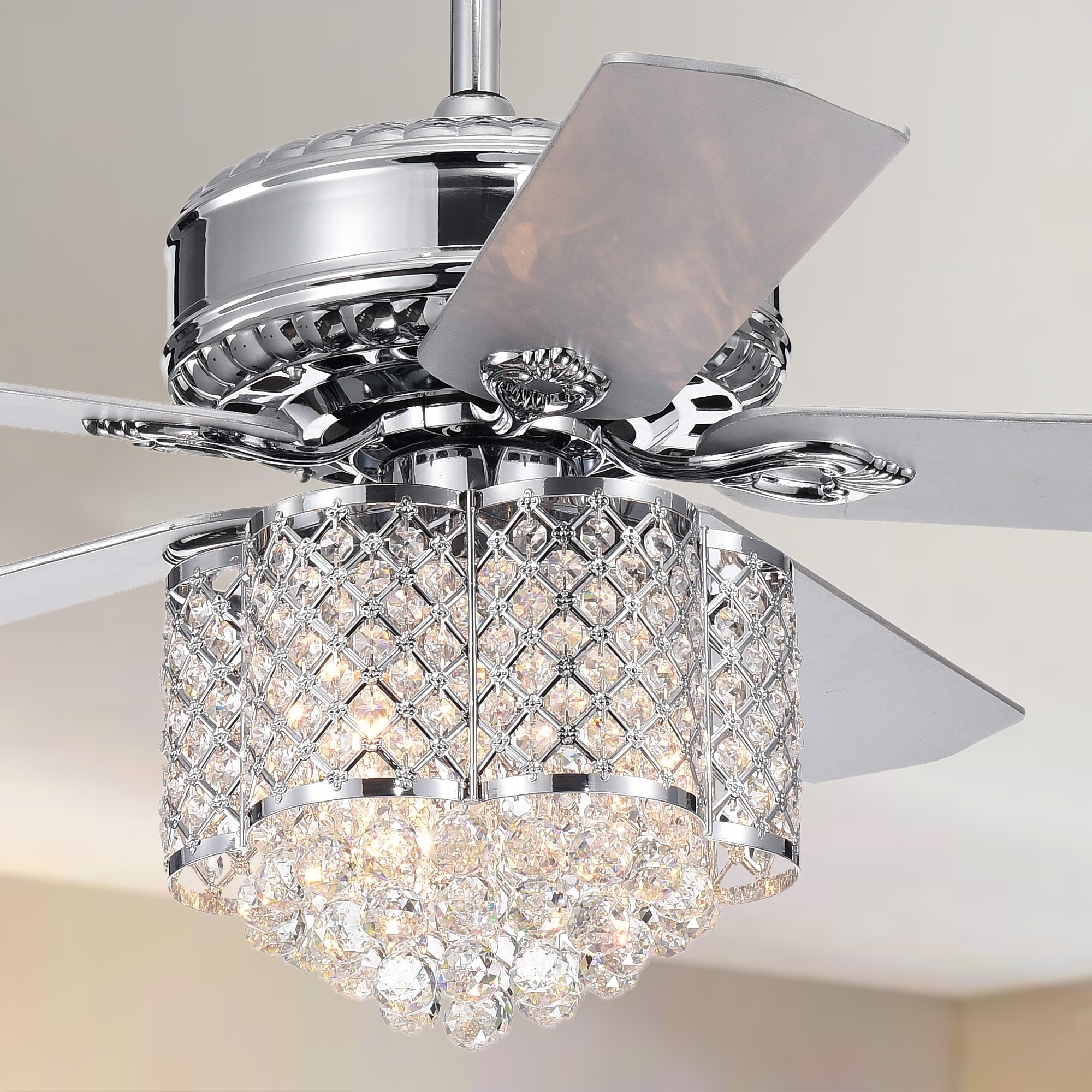 Deidor 5 Blade 52 Inch Chrome Ceiling Fan With 3 Light Crystal Chandelier Remote Controlled 2 Color Option