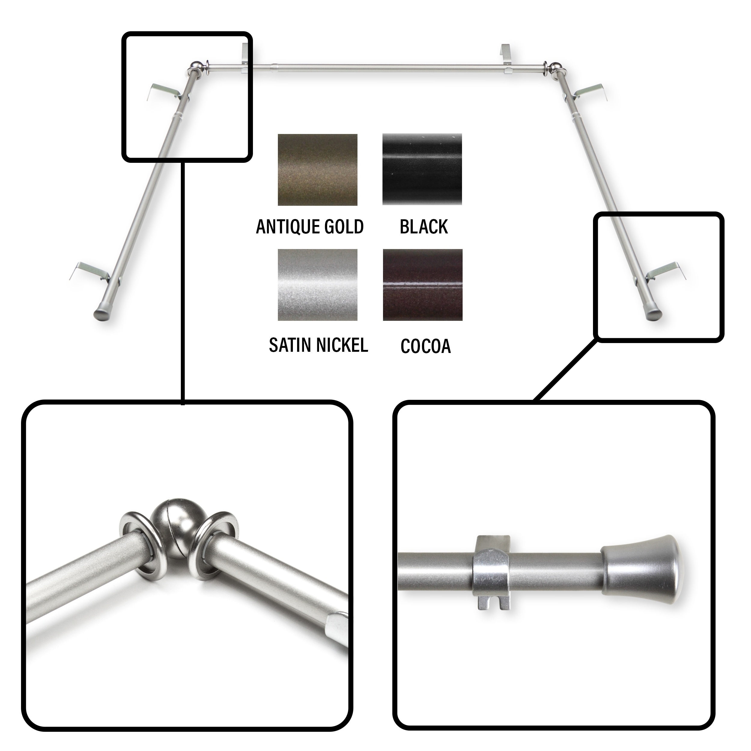 InStyleDesign 5/8 inch Bay Curtain Rod 20"-36", 38"-72"