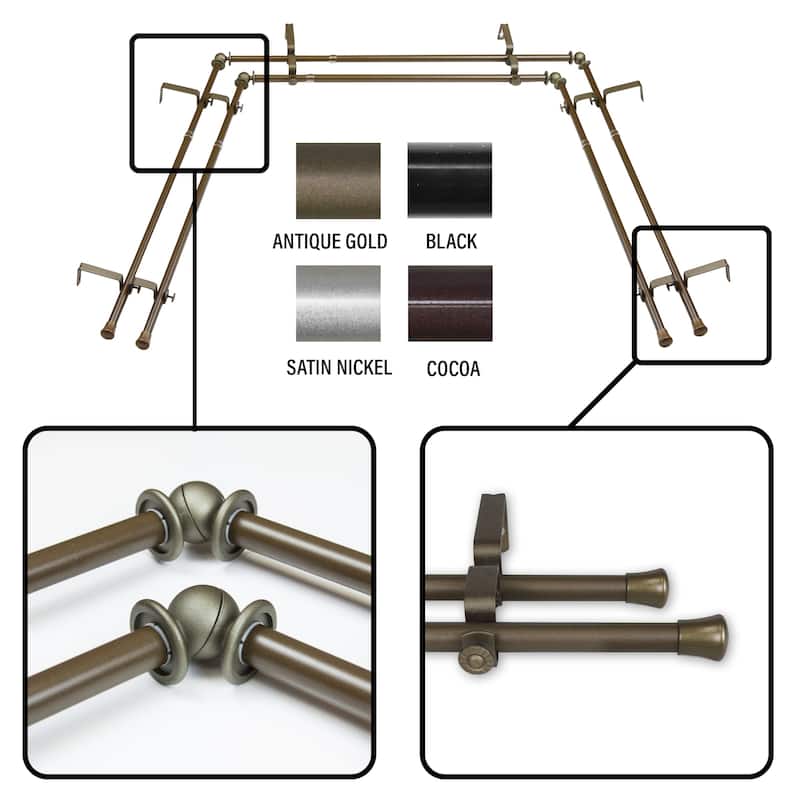 InStyleDesign 5/8 inch Double Bay Curtain Rod 20"-36", 38"-72" - Nickel Finish/Gold Finish/Antique - Antique Gold