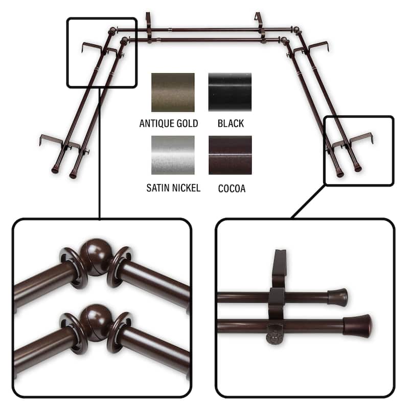 InStyleDesign 5/8 inch Double Bay Curtain Rod 20"-36", 38"-72" - Nickel Finish/Satin/Brown Finish - Cocoa