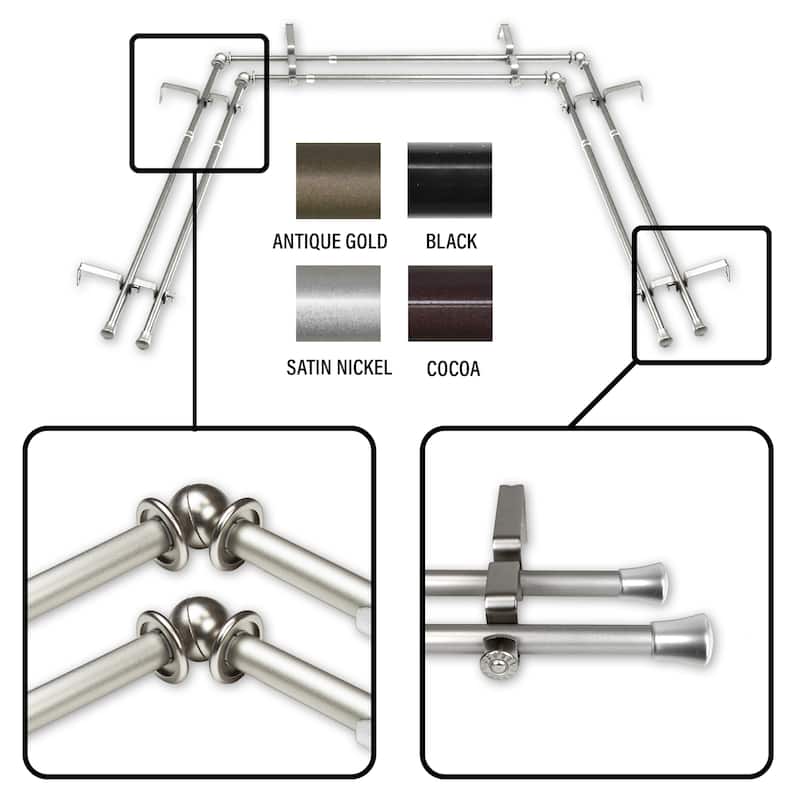 InStyleDesign 5/8 inch Double Bay Curtain Rod 20"-36", 38"-72" - Nickel Finish/Satin/Silver Finish - satin nickel