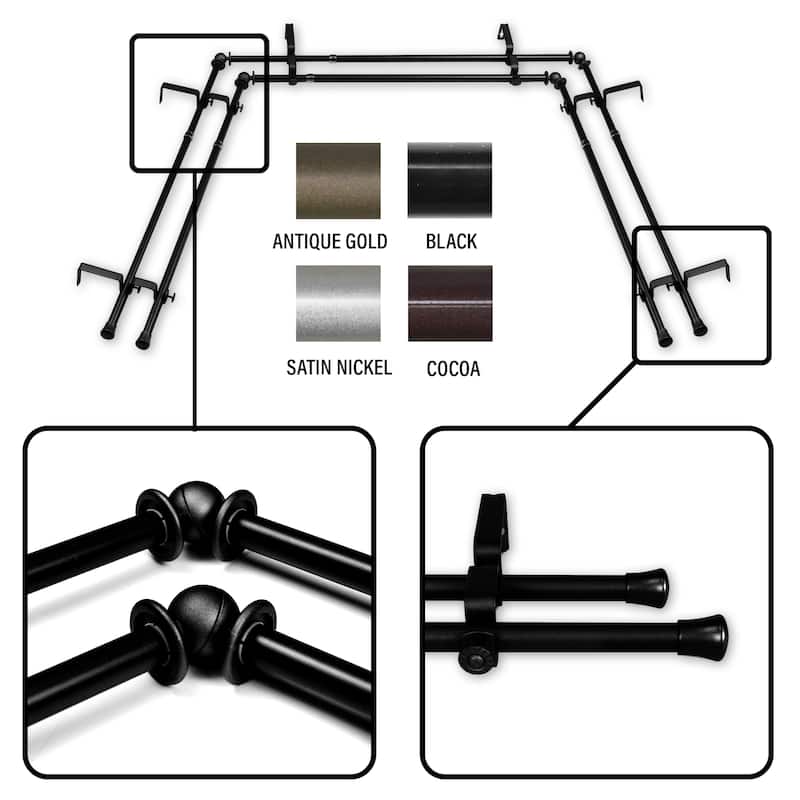 InStyleDesign 5/8 inch Double Bay Curtain Rod 20"-36", 38"-72" - Nickel Finish/Satin/Black Finish - Black