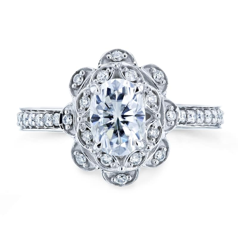 Annello by Kobelli 14k White Gold 1 1/6ct TGW Oval Moissanite and Diamond Halo Floral Engagement Ring (GH/VS, GH/I)