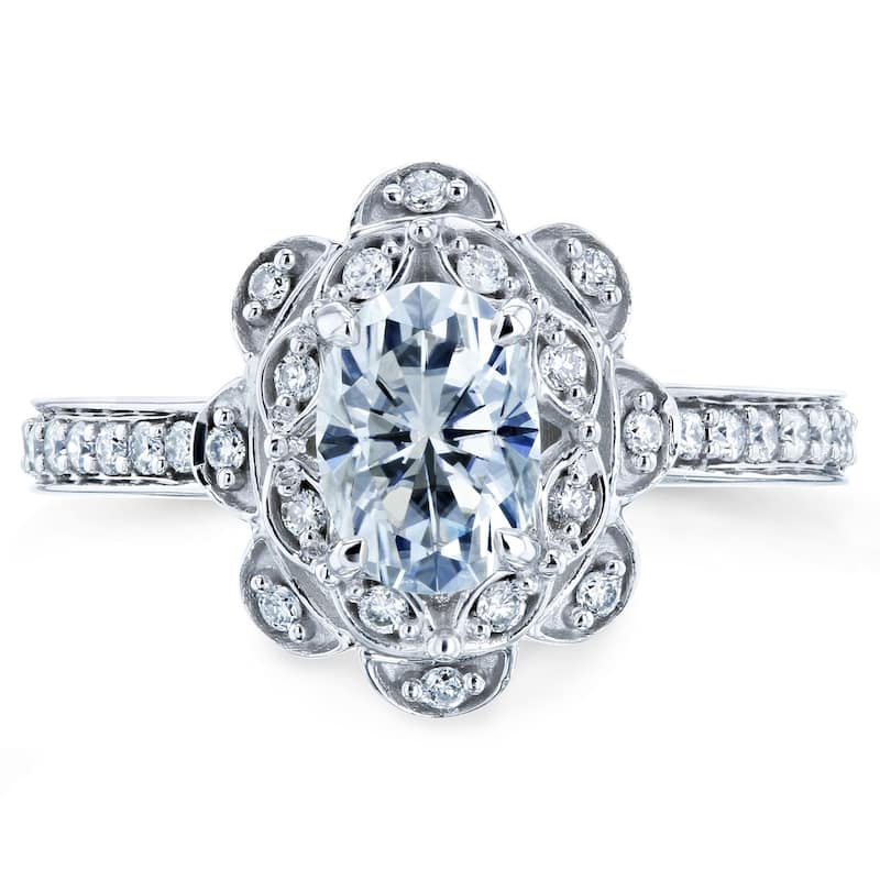 Annello by Kobelli 14k White Gold 1 1/6ct TGW Oval Moissanite and Diamond Halo Floral Vintage Engagement Ring (DEF/VS, GH/I)