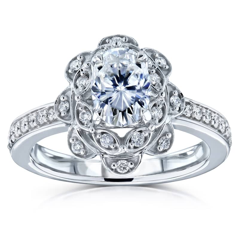 Annello by Kobelli 14k White Gold 1 1/6ct TGW Oval Moissanite and Diamond Halo Floral Vintage Engagement Ring (DEF/VS, GH/I)
