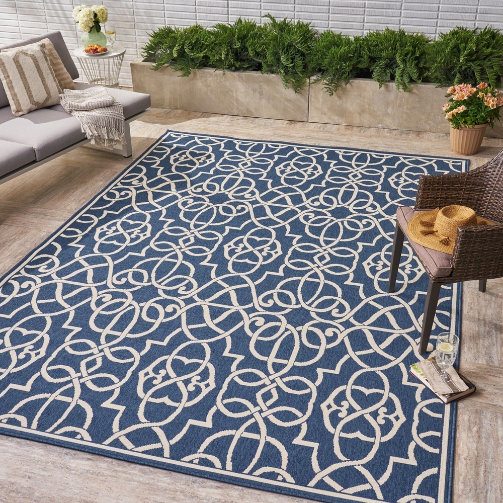 Best Selling Home Decor Langrick Boho Wool and Cotton Scatter Rug, White and Blue | 308775