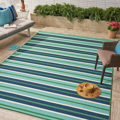 Ellis Blue/ Green Striped Indoor/ Outdoor Area Rug by Christopher Knight Home