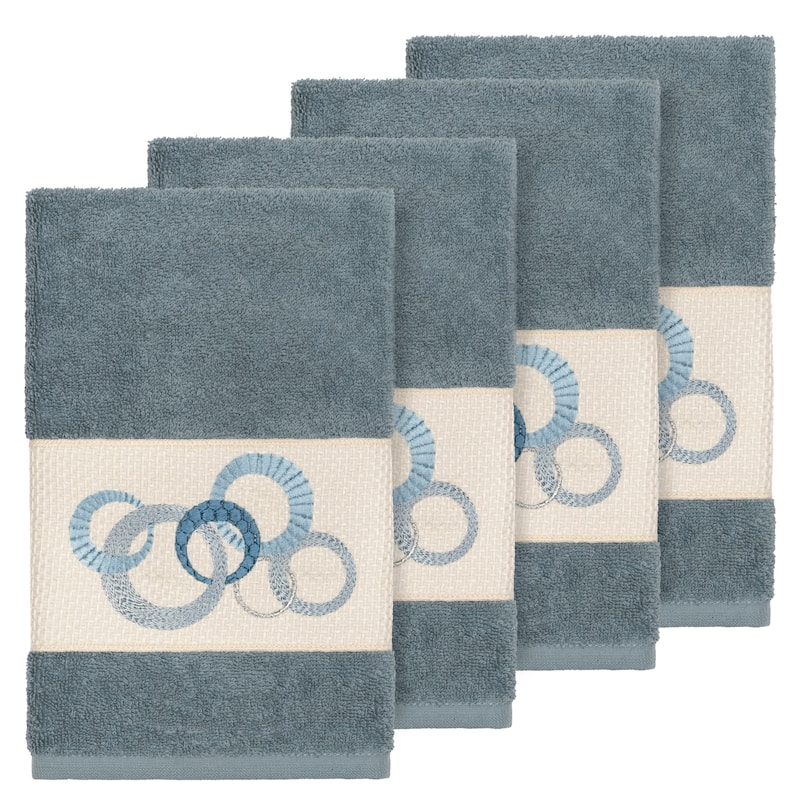 Authentic Hotel and Spa Turkish Cotton Circles Embroidered Teal Blue 4-piece Hand Towel Set