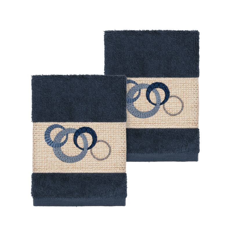 Authentic Hotel and Spa Turkish Cotton Circles Embroidered Midnight Blue 2-piece Washcloth Set - Navy Blue