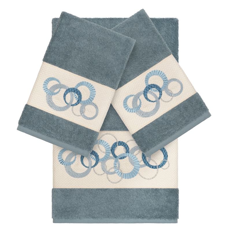 Authentic Hotel and Spa Turkish Cotton Circles Embroidered Teal Blue 3-piece Towel Set