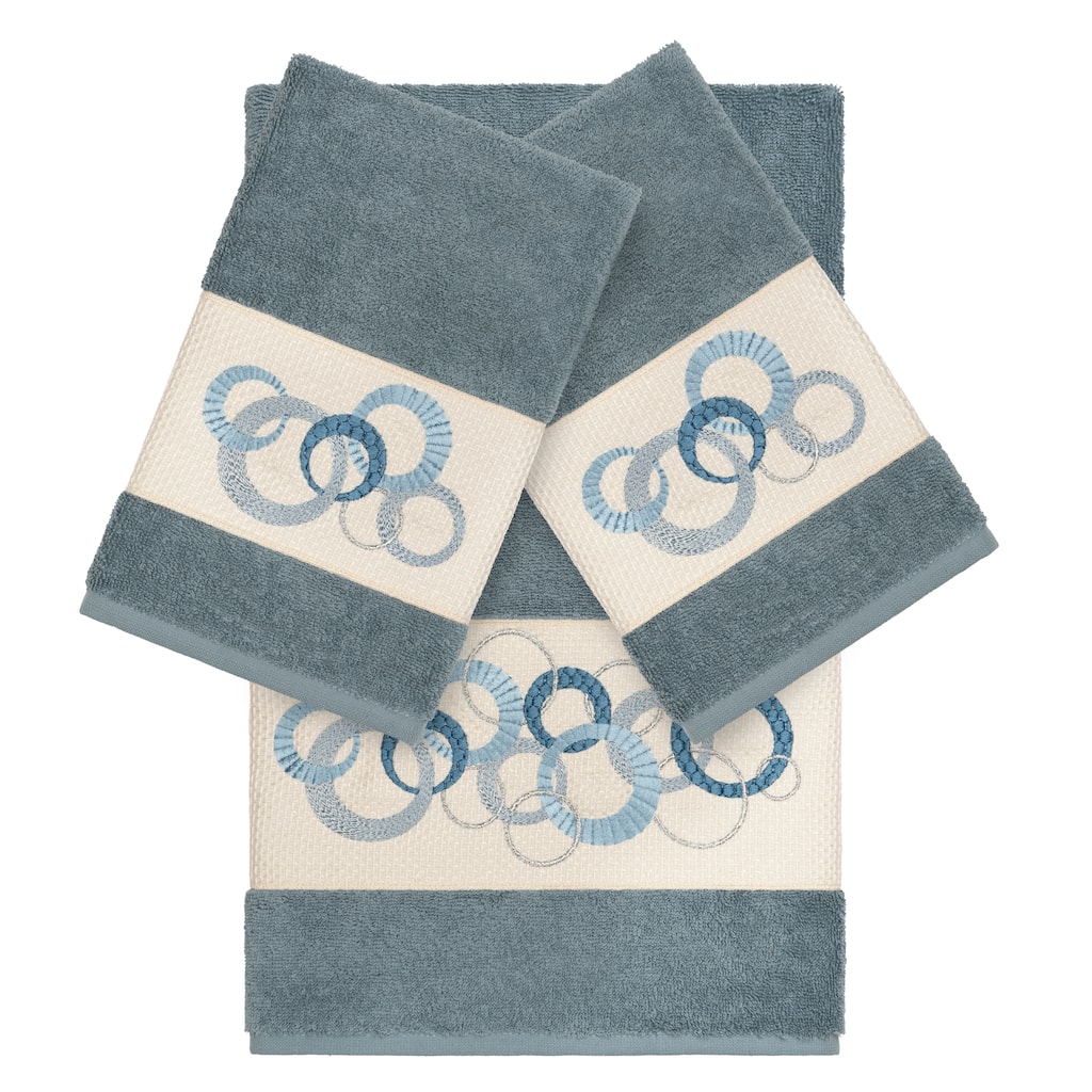 Authentic Hotel and Spa Turkish Cotton Circles Embroidered Teal Blue 3-piece Towel Set