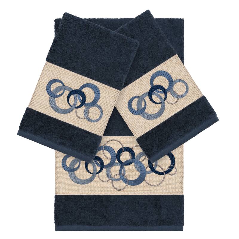 Authentic Hotel and Spa Turkish Cotton Circles Embroidered Midnight Blue 3-piece Towel Set