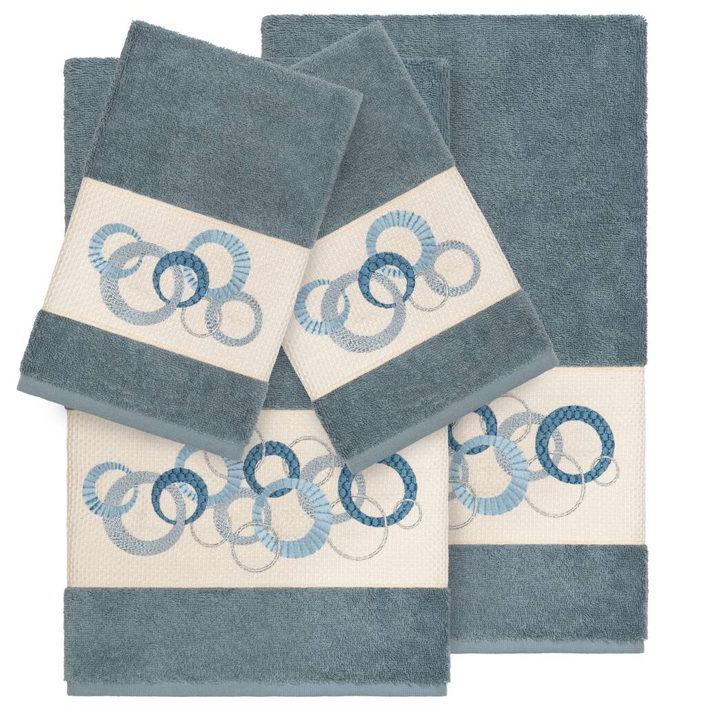 Authentic Hotel and Spa Turkish Cotton Circles Embroidered Teal Blue 4-piece Towel Set