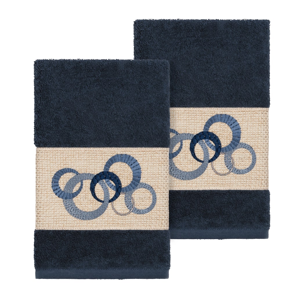 Authentic Hotel and Spa Turkish Cotton Circles Embroidered Midnight Blue 2-piece Towel Hand Set