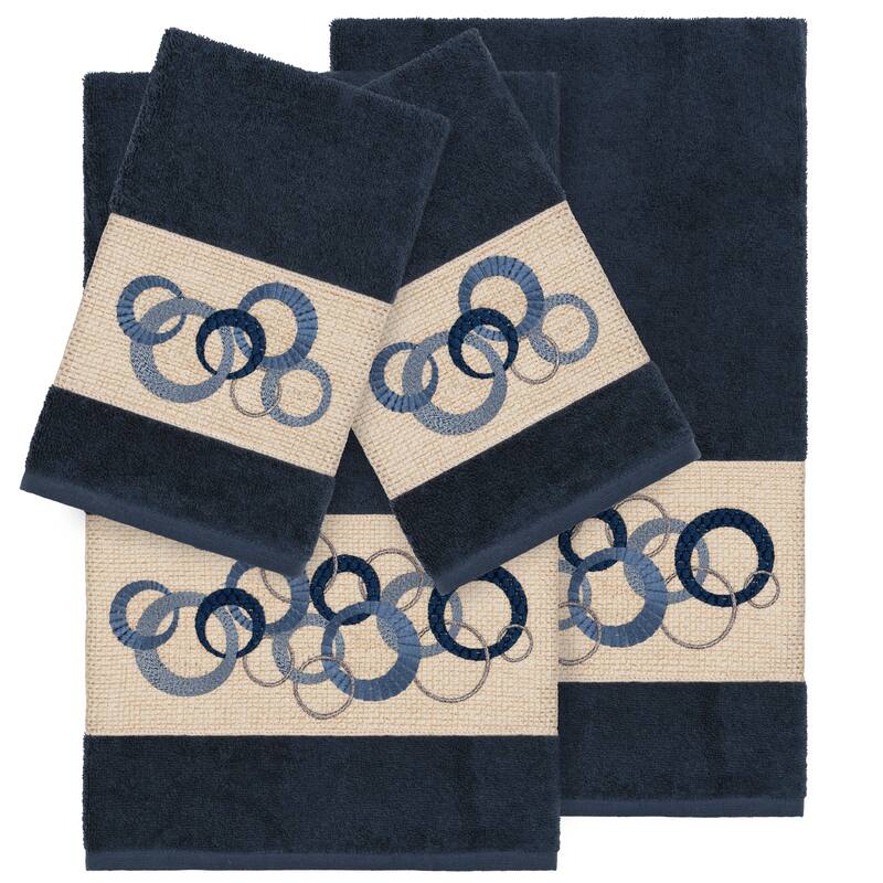 Authentic Hotel and Spa Turkish Cotton Circles Embroidered Midnight Blue 4-piece Towel Set