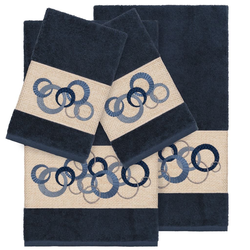 Authentic Hotel and Spa Turkish Cotton Circles Embroidered Midnight Blue 4-piece Towel Set