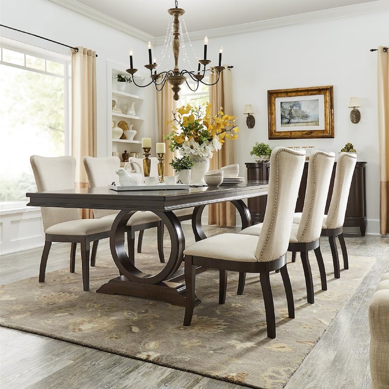 Willa Dark Cherry Wood and Beige Fabric Extendable Rectangular Dining Set by iNSPIRE Q Classic - 9-Piece Set