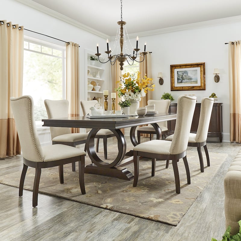 Willa Dark Cherry Wood and Beige Fabric Extendable Rectangular Dining Set by iNSPIRE Q Classic - 7-Piece Set