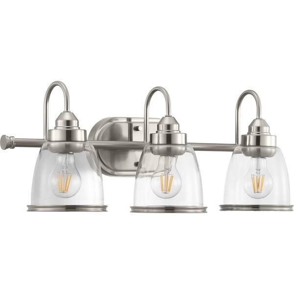 slide 2 of 3, Saluda Collection 3-Light Brushed Nickel Clear Glass Coastal Bath Vanity Light