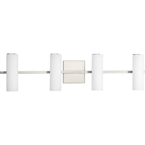 Colonnade LED Collection 4-Light Brushed Nickel Etched White Glass Luxe Bath Vanity Light