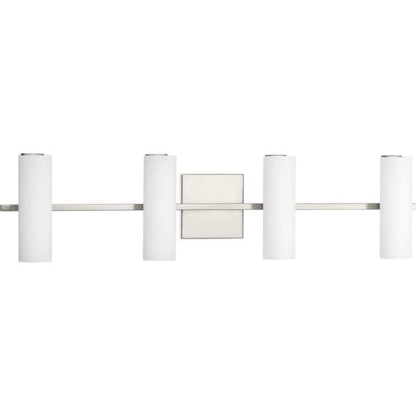 slide 2 of 4, Colonnade LED Collection 4-Light Brushed Nickel Etched White Glass Luxe Bath Vanity Light
