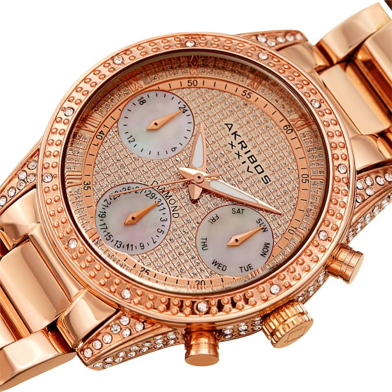 Akribos XXIV Ladies Calendar Date Diamond Crystal Rose-tone Bracelet Watch