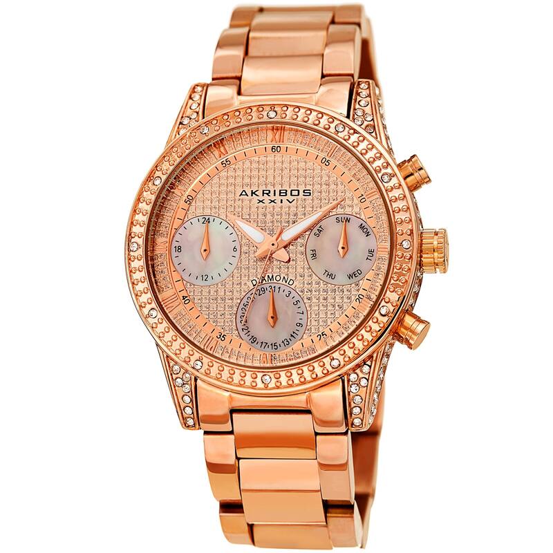 Akribos XXIV Ladies Calendar Date Diamond Crystal Rose-tone Bracelet Watch