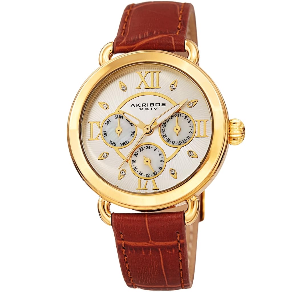 Akribos XXIV Ladies Date Swarovski Crystal Vintage Style Brown Leather Strap Watch