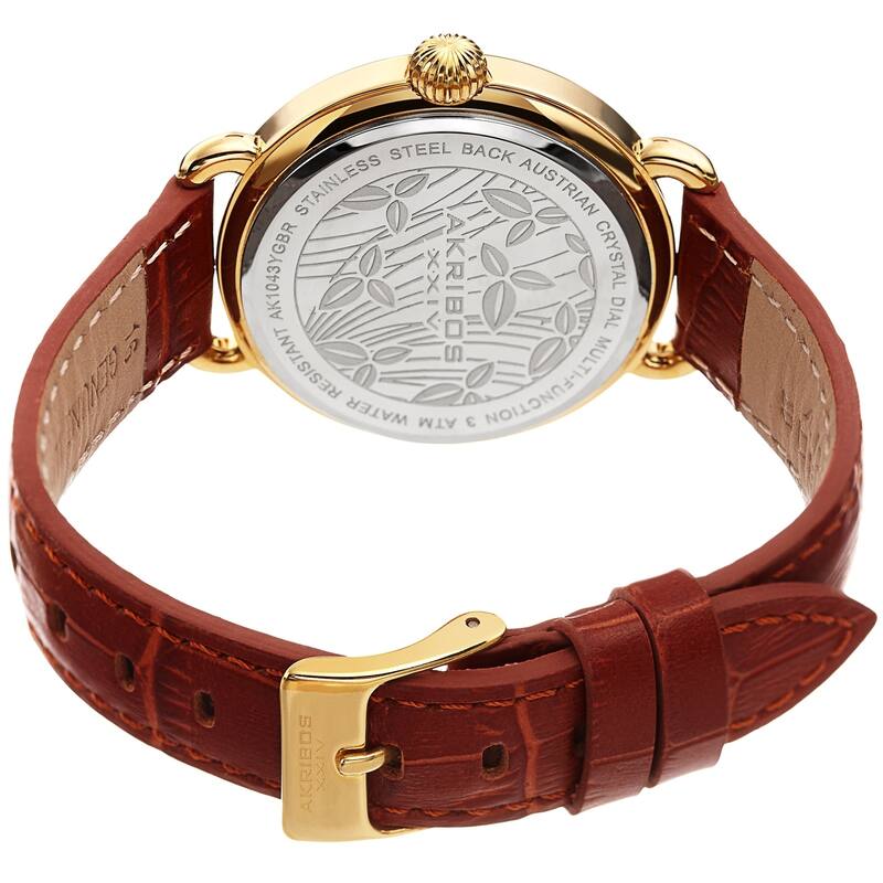 Akribos XXIV Ladies Date Swarovski Crystal Vintage Style Brown Leather Strap Watch