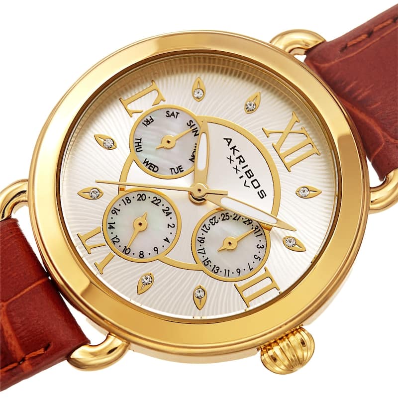 Akribos XXIV Ladies Date Swarovski Crystal Vintage Style Brown Leather Strap Watch
