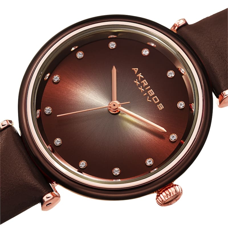 Akribos XXIV Ladies Swarovski Crystal Radiant Brown Leather Strap Watch