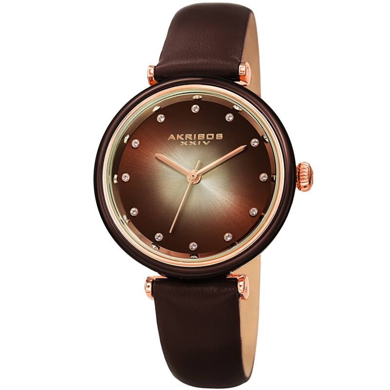 Akribos XXIV Ladies Swarovski Crystal Radiant Brown Leather Strap Watch