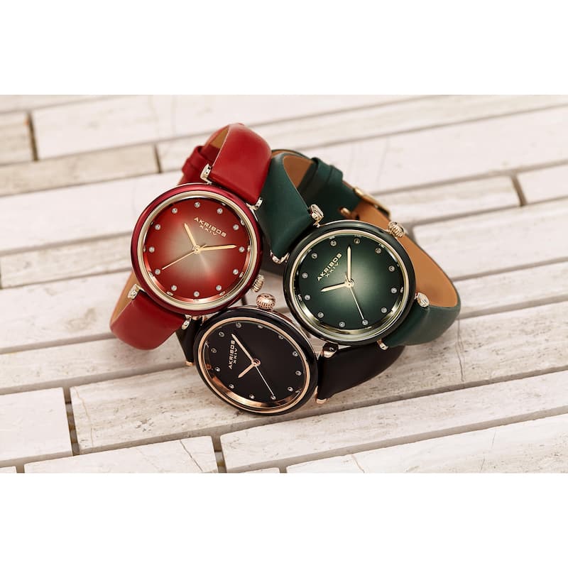 Akribos XXIV Ladies Swarovski Swarovski Crystal Radiant Red Leather Strap Watch